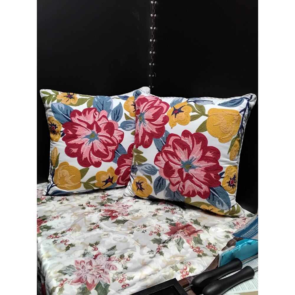 Crewel Embroidered Decorative Pillows lot of 2 in Kashmir Style Multi Floral